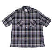 Short Sleeve Open Collar Shirt In Grey Cotton And Linen Madras Check