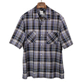 Short sleeve open collar shirt in grey cotton and linen madras check