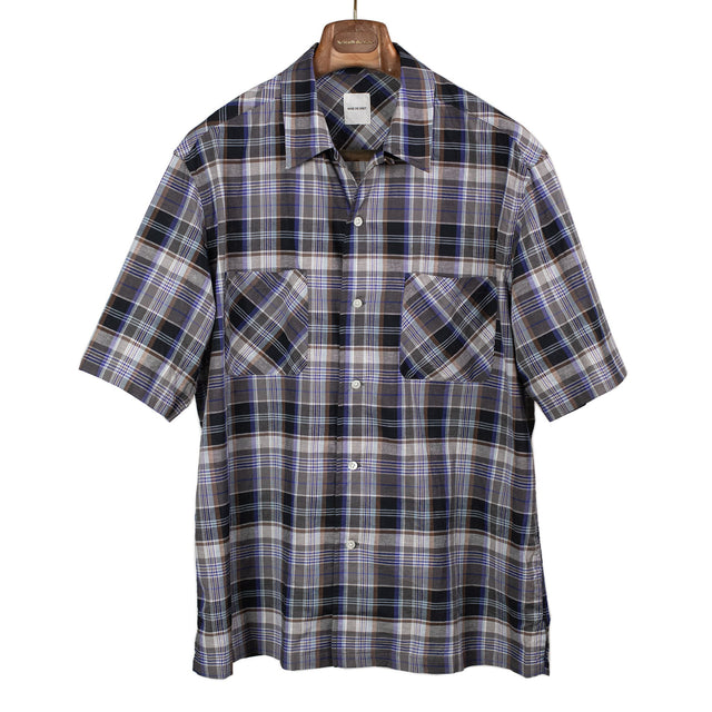 Short sleeve open collar shirt in grey cotton and linen madras check