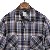 Short Sleeve Open Collar Shirt In Grey Cotton And Linen Madras Check