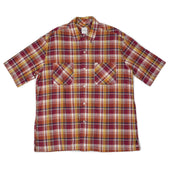 Short Sleeve Open Collar Shirt In Red Cotton And Linen Madras Check