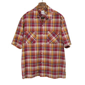 Short sleeve open collar shirt in red cotton and linen madras check
