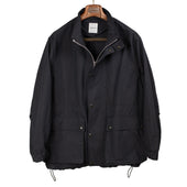 Stand collar work jacket in black cotton and nylon typewriter cloth