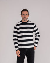 7.5oz Cotton Long-Sleeved Crew Neck Border Tee - Black and White Stripes