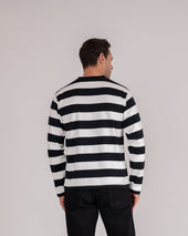 7.5oz Cotton Long-Sleeved Crew Neck Border Tee - Black and White Stripes