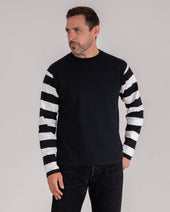 7.5oz Cotton Long-Sleeved Crew Neck Border Tee - Black Body with Striped Arms