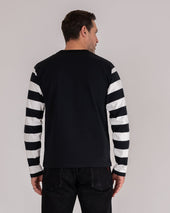 7.5oz Cotton Long-Sleeved Crew Neck Border Tee - Black Body with Striped Arms