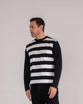 7.5oz Cotton Long-Sleeved Crew Neck Border Tee - Striped Body with Black Arms