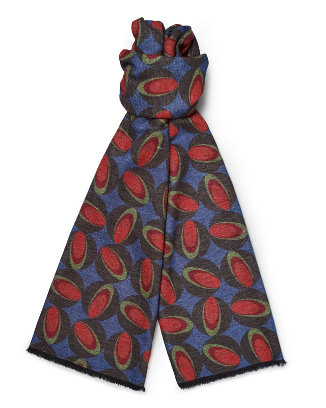 Blue and Red Printed Brushed Silk Scarf