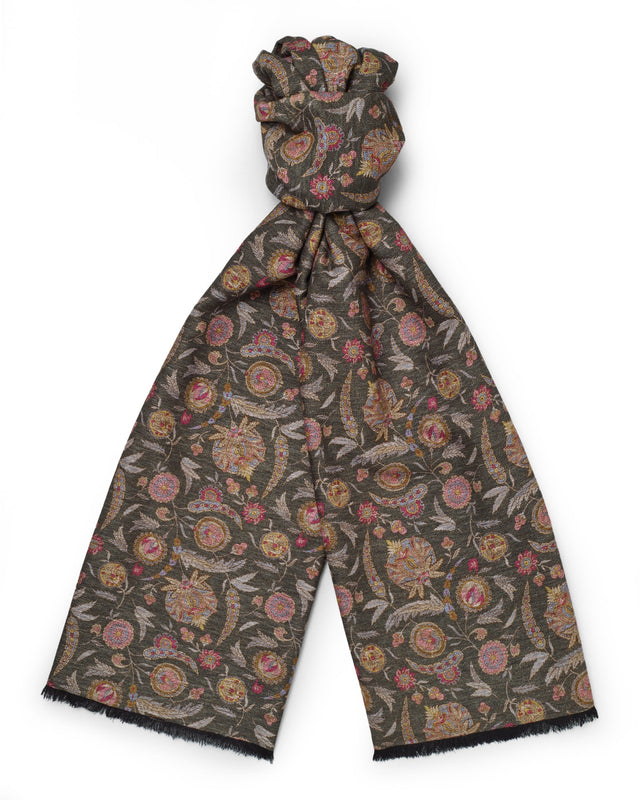 Green Floral Brushed Silk Scarf