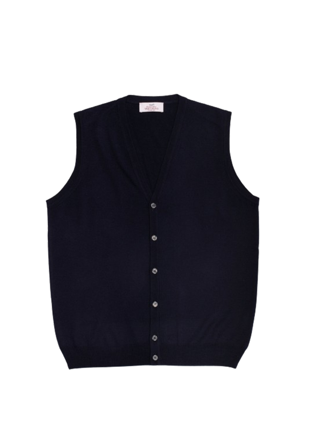 Navy Blue Merino Wool V-Neck Buttoned Waistcoat