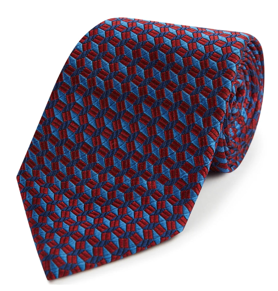 Red Blue Diamond Geometric Woven Silk Tie