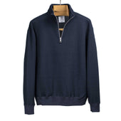 Quarter zip pullover in navy signature big waffle knit cotton and recycled polyester