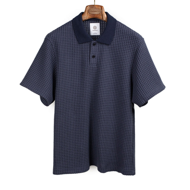 Polo in navy big waffle cotton mix knit