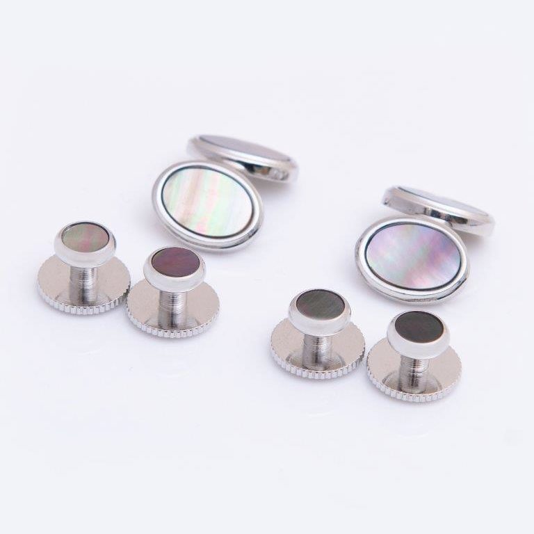 Mother-of-Pearl with Silver Chain Link Dress Stud Cufflink Set