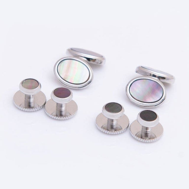 Mother-of-Pearl with Silver Chain Link Dress Stud Cufflink Set