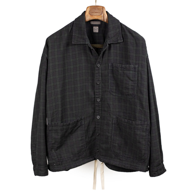 Comfy shirt jacket in dark blue overdyed check cotton and linen