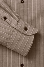 Band Collar Shirt With Walnut Stripe Wool Linen Twill