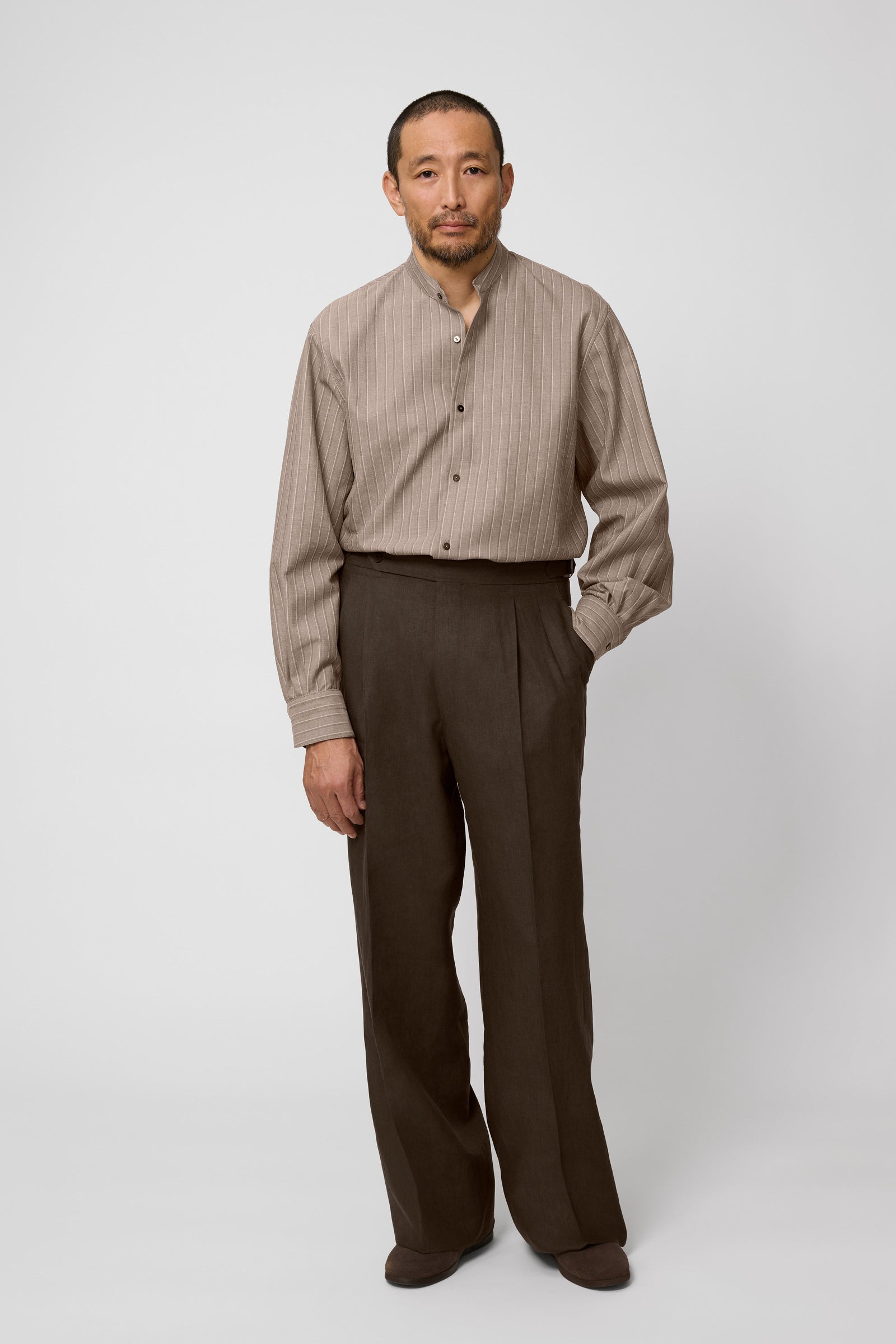 Band Collar Shirt With Walnut Stripe Wool Linen Twill