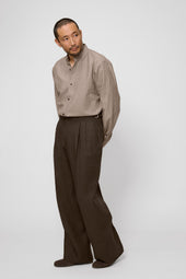 Band Collar Shirt With Walnut Stripe Wool Linen Twill