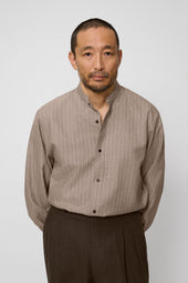 Band Collar Shirt With Walnut Stripe Wool Linen Twill