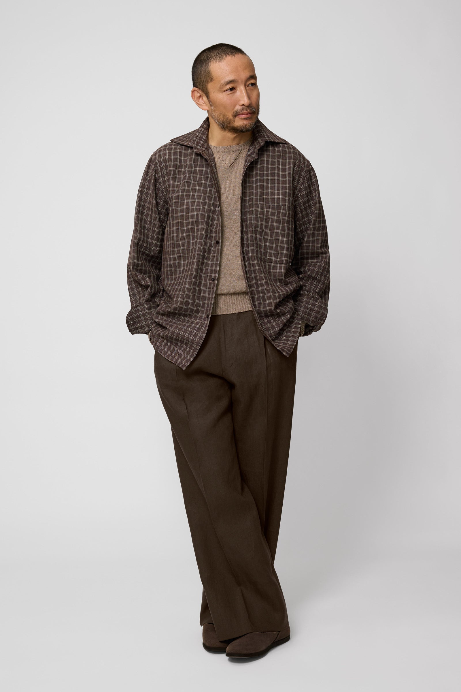 Spread Collar Shirt Check Wool Silk Linen