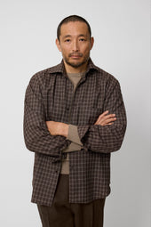 Spread Collar Shirt Check Wool Silk Linen