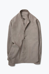 Band Collar Shirt With Walnut Stripe Wool Linen Twill