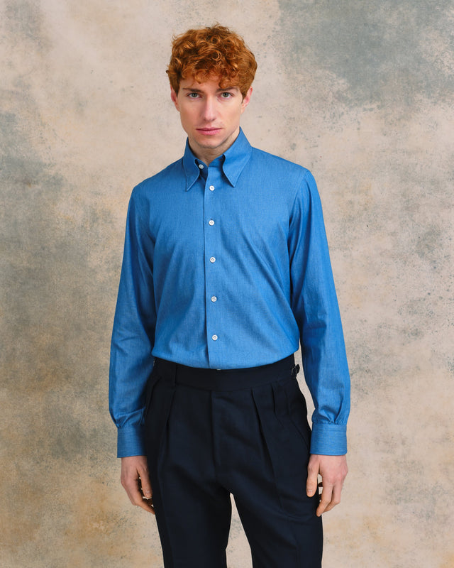 Denim Hidden Button Down Shirt