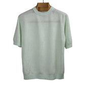 Short sleeve crewneck in pearl blue ribbed French linen