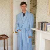 Blue Brushed Herringbone Cotton Dressing Gown