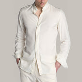 Silk Collarless Shirt With Fly Front In Light