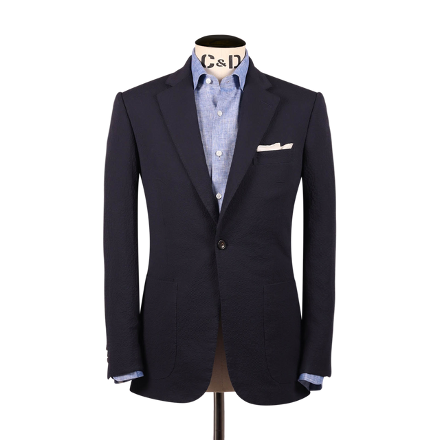 Single Breasted Notch Lapel Suit in Navy Seersucker