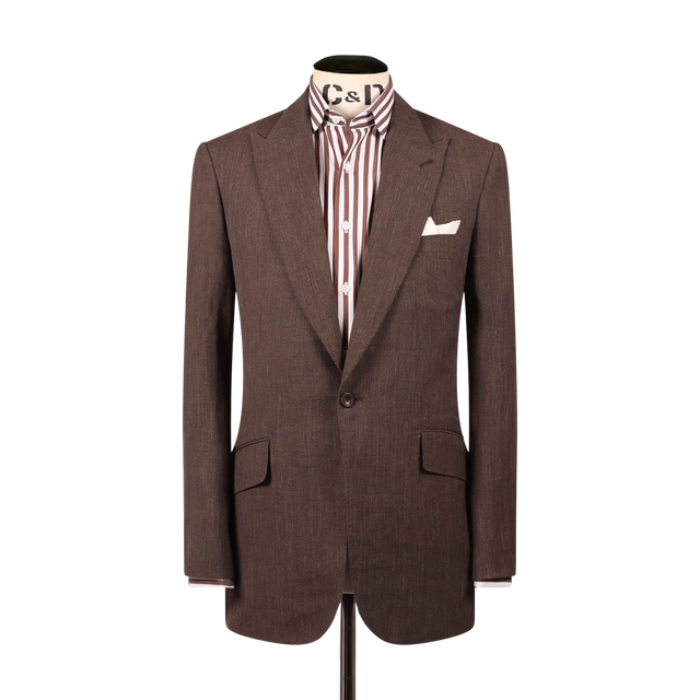 Single Breasted Peak Lapel Suit in Brown Wool, Silk & Linen