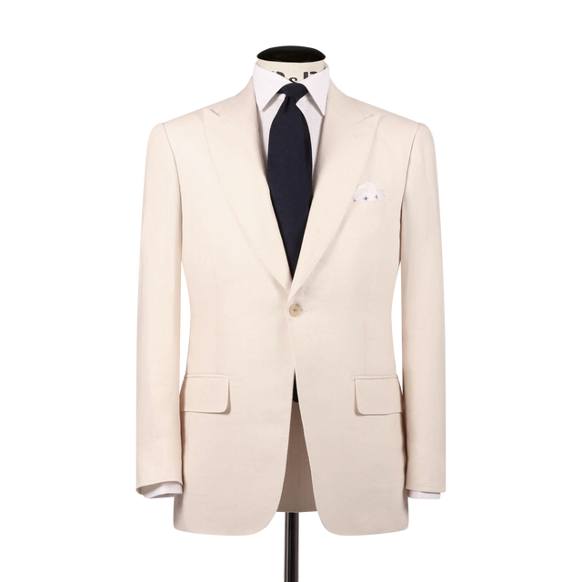 Single Breasted Peak Lapel Suit in Cream Wool Linen