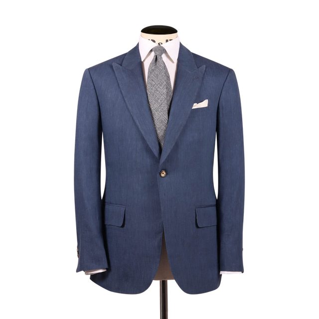 Single Breasted Peak Lapel Suit in Mid Blue Wool Linen