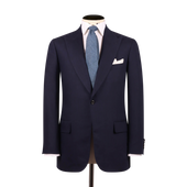 Single Breasted Peak Lapel Suit in Navy Wool Linen