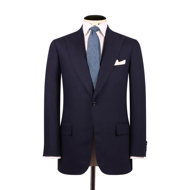 Single Breasted Peak Lapel Suit in Navy Wool Linen