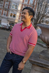Men's Cotton Towelling Short Sleeve Skipper Polo – Red & White Stripe