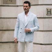 Peak Lapel Double Breasted Jacket In Wool Silk Linen Hopsack
