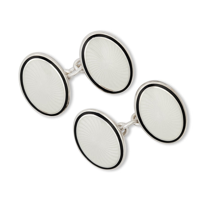 Sunburst Silver Enamel Chain Cufflinks in White
