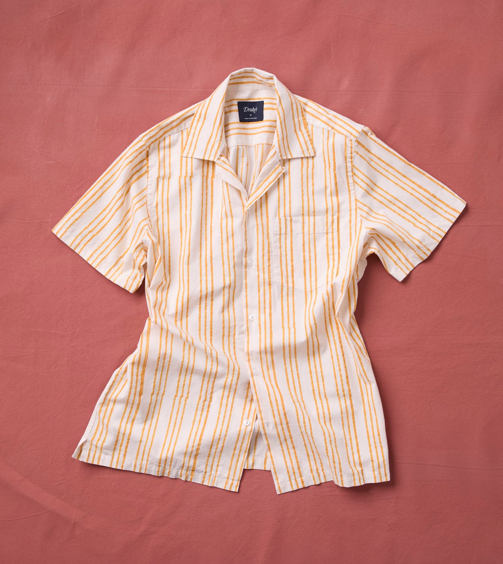 Triple Stripe Block Print Cotton Camp Collar Short Sleeve Shirt