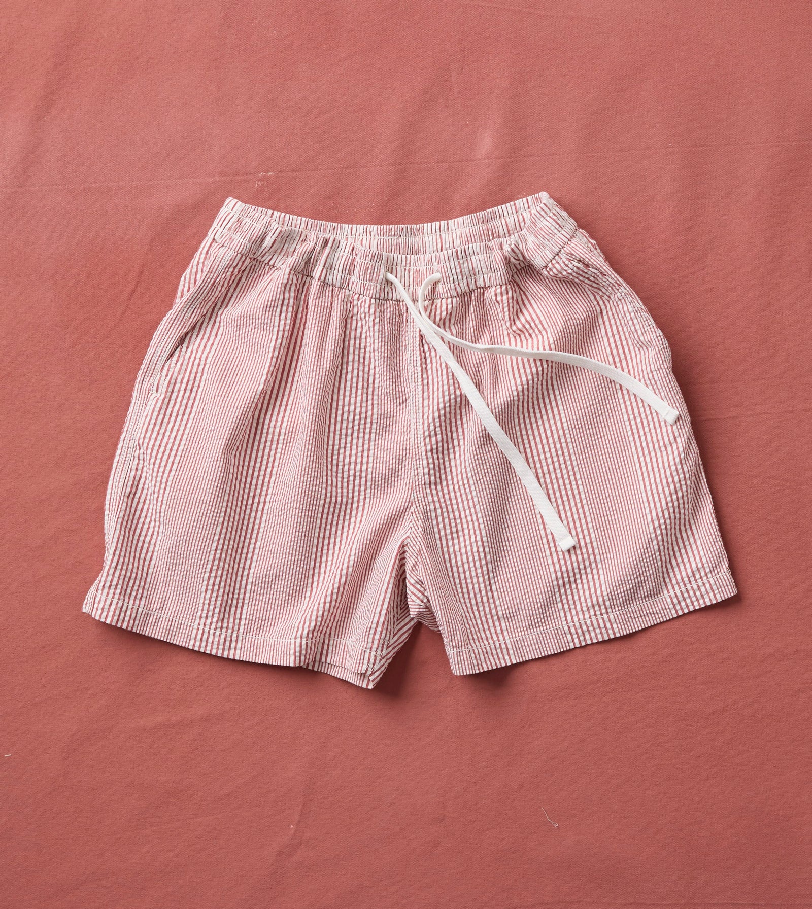Red Stripe Seersucker Cotton Drawstring Shorts