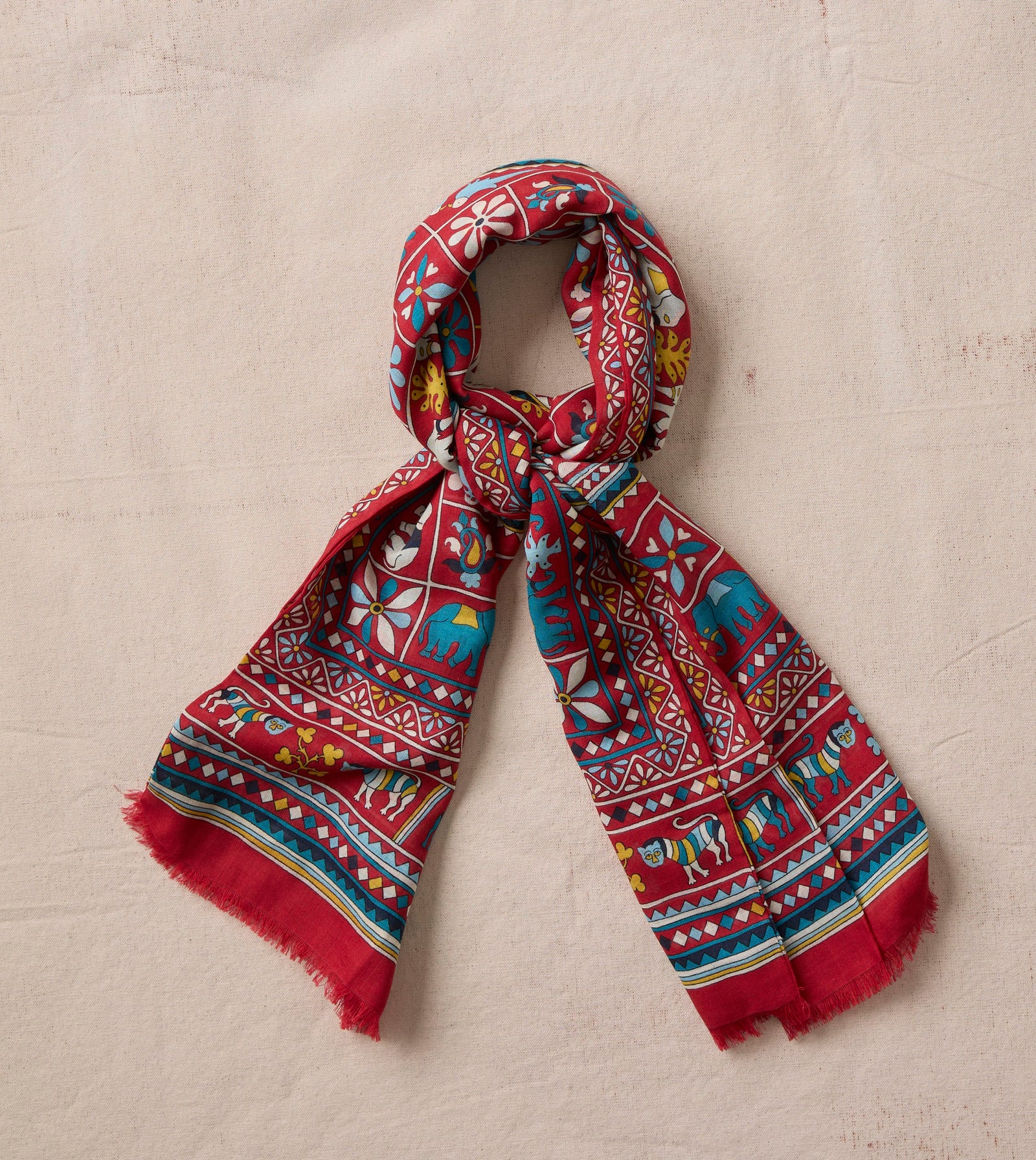 Red Elephants And Flowers Print Wool Silk Scarf