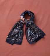 Embroidered Elephant Print Wool Silk Scarf