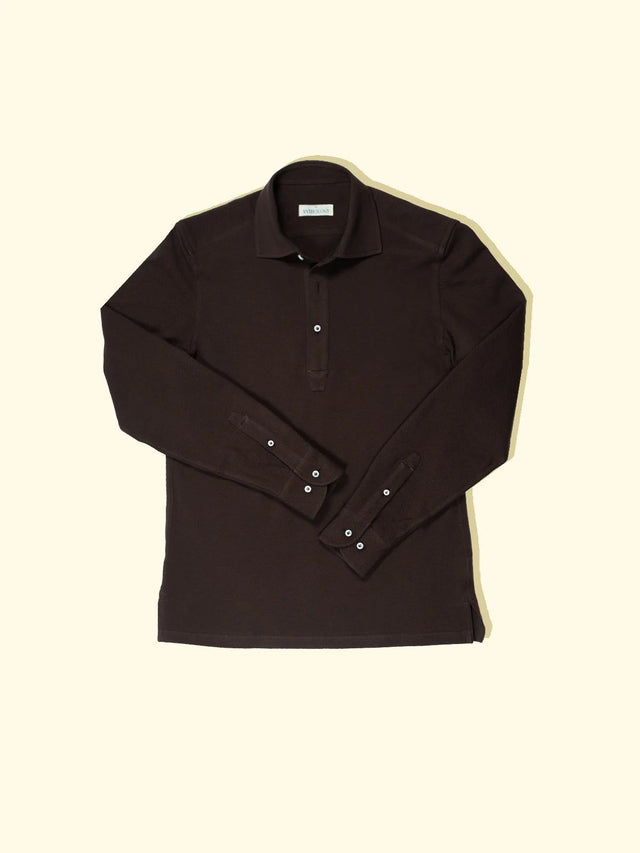Pique Long Sleeve Spread Collar Polo - Chocolate Brown — The Anthology