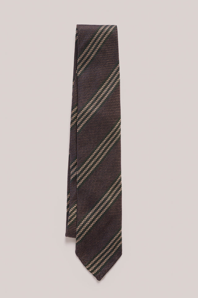 Tie - Silk Grenadine - Chocolate With Olive & Sand Stripe