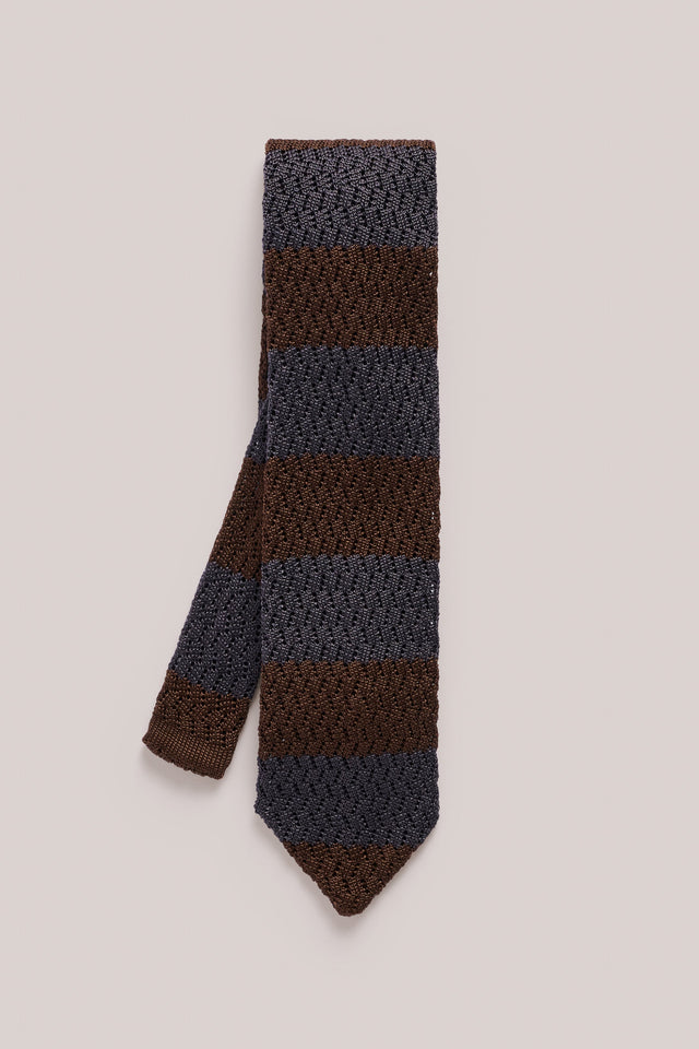 Knitted Tie - Silk - Navy & Brown Stripe
