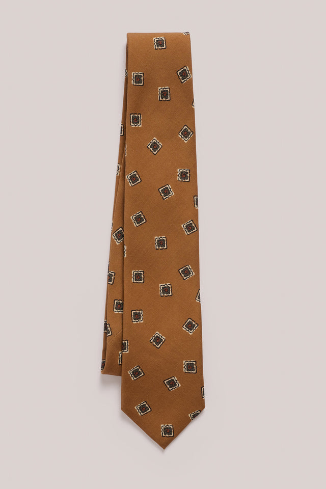 Tie - Silk - Camel With Green Floral Stamp Print