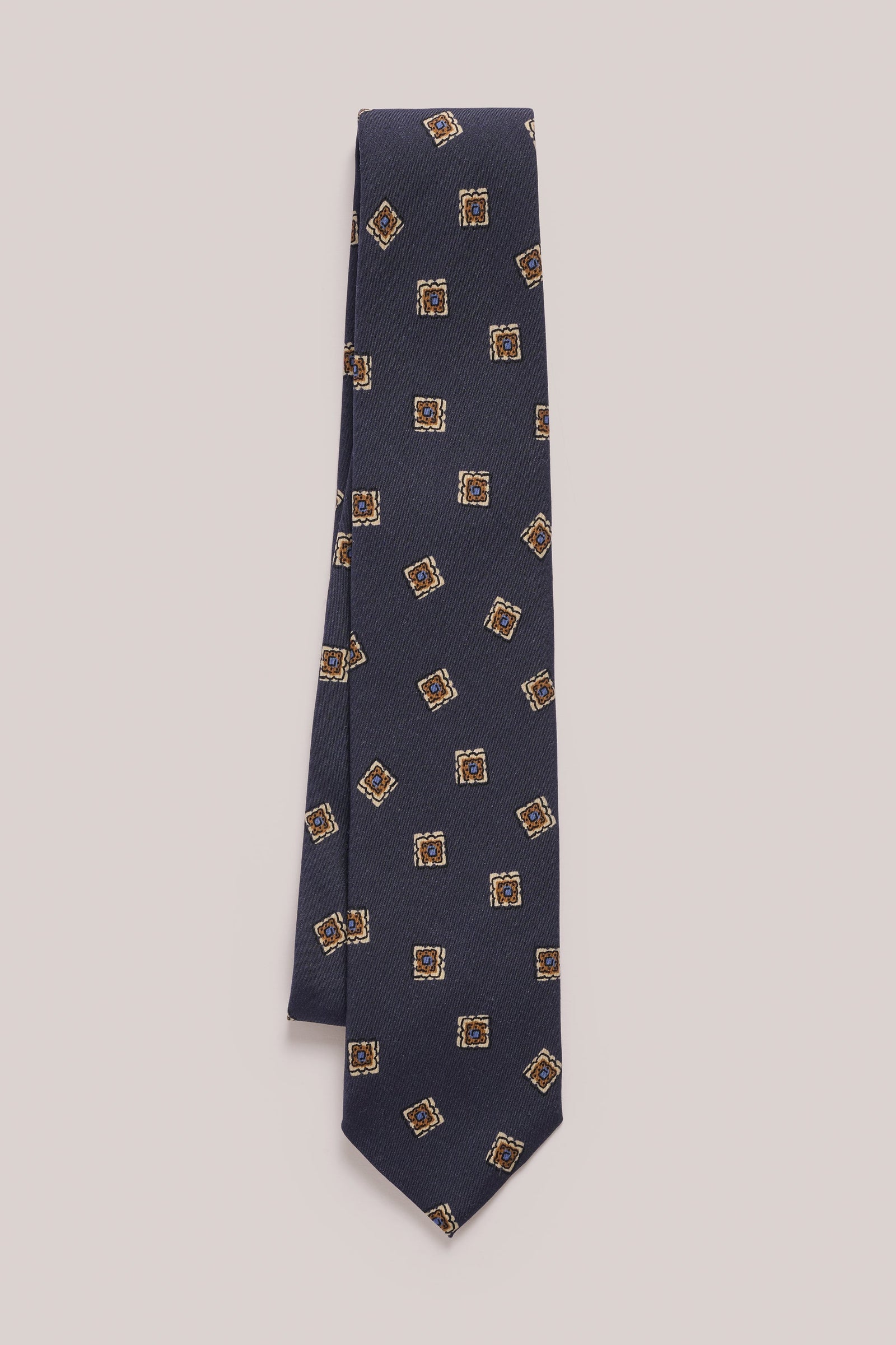 Tie Silk Blue With Brown Flower Stamp Print